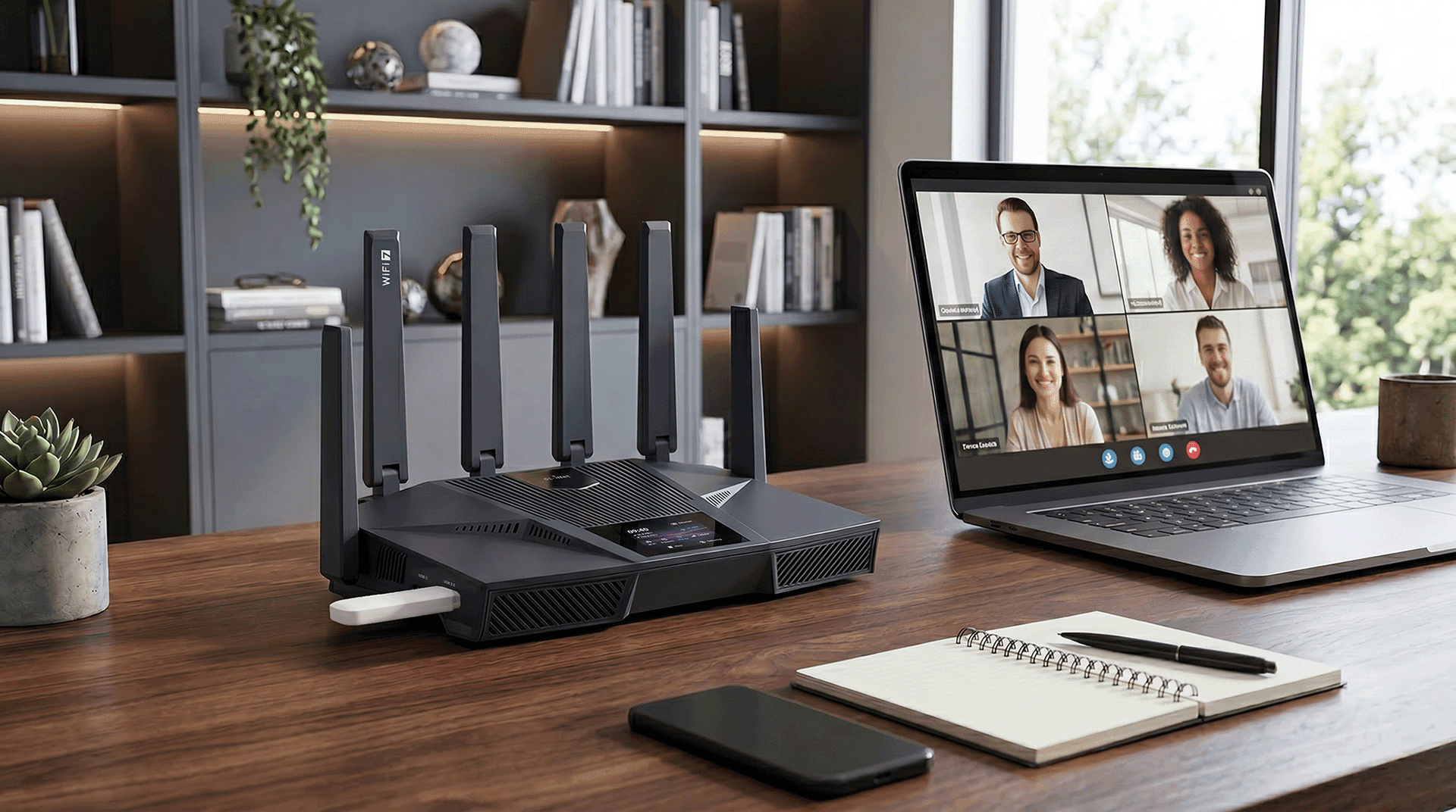 A GL.iNet Flint 4 router beside a laptop on a video call